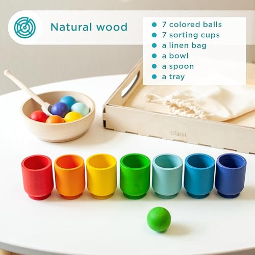Miniatura 6 de Ulanik Pequeñas bolas de arcoíris en tazas Montessori para niños de 1 año en adelante, juego de madera a juego para aprender a clasificar y contar