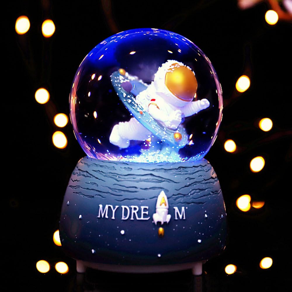 Goodern Luminous Astronaut Snow Crystal Ball,3D Cartoon Spaceman Music Box Fashion Planet Snow Nightlight Ornaments Kids Colorful LED Luminous Music Globe for Home Office Bedroom Decoration-Blue