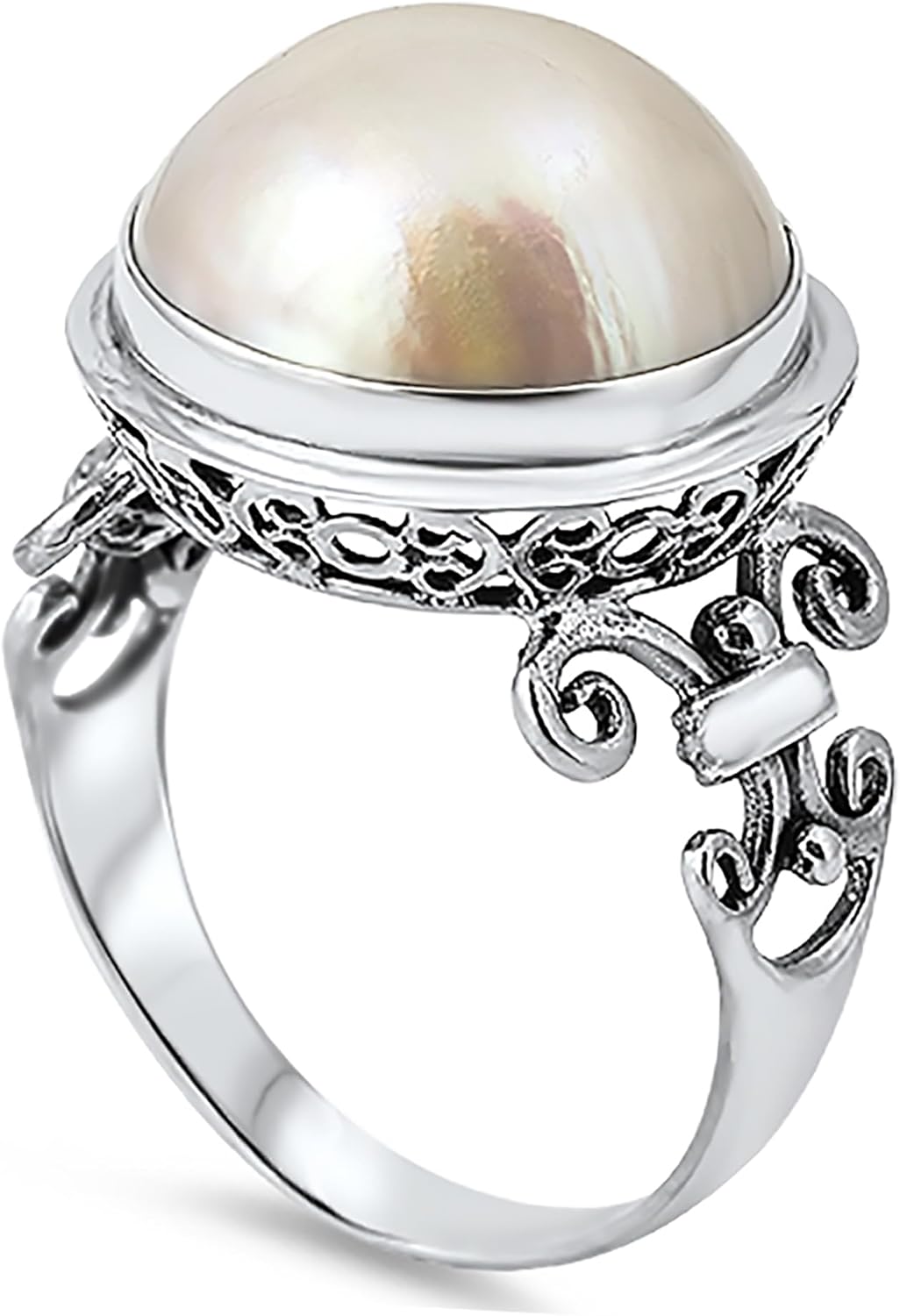 DoubleAccent Sterling Silver Bali Cream or Pink Freshwater Cultured Mabe Pearl Cocktail Ring 17mm (Size 5 to 11)