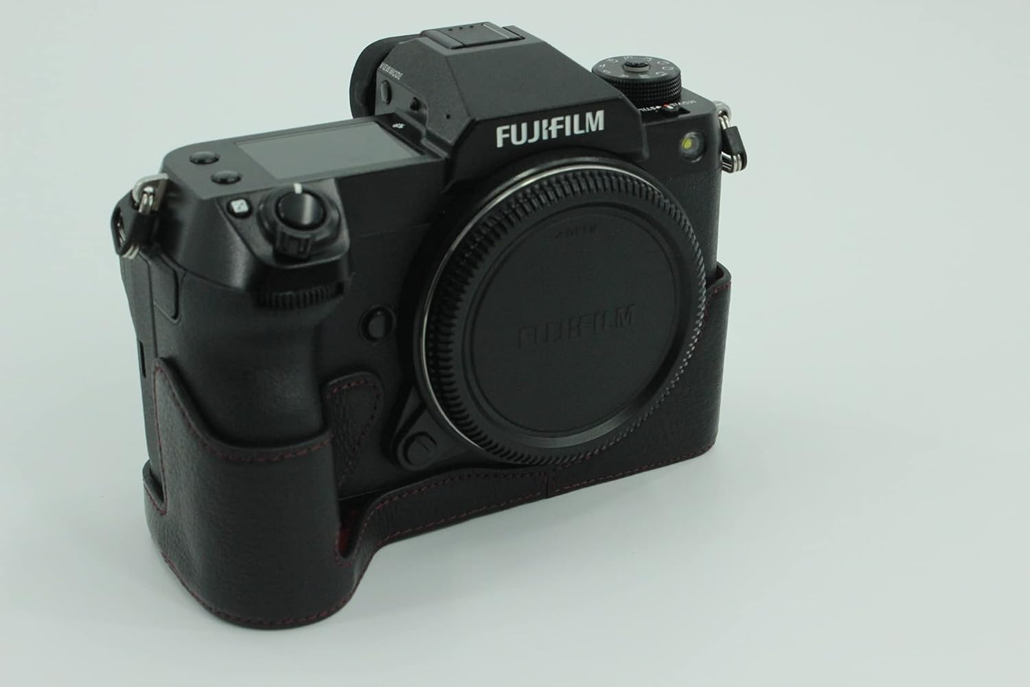 GFX 100S Case, BolinUS Handmade Genuine Real Leather Half Camera Case Bag Cover for Fuji Fujifilm GFX 100S Bottom Opening Version + Hand Strap (Black)