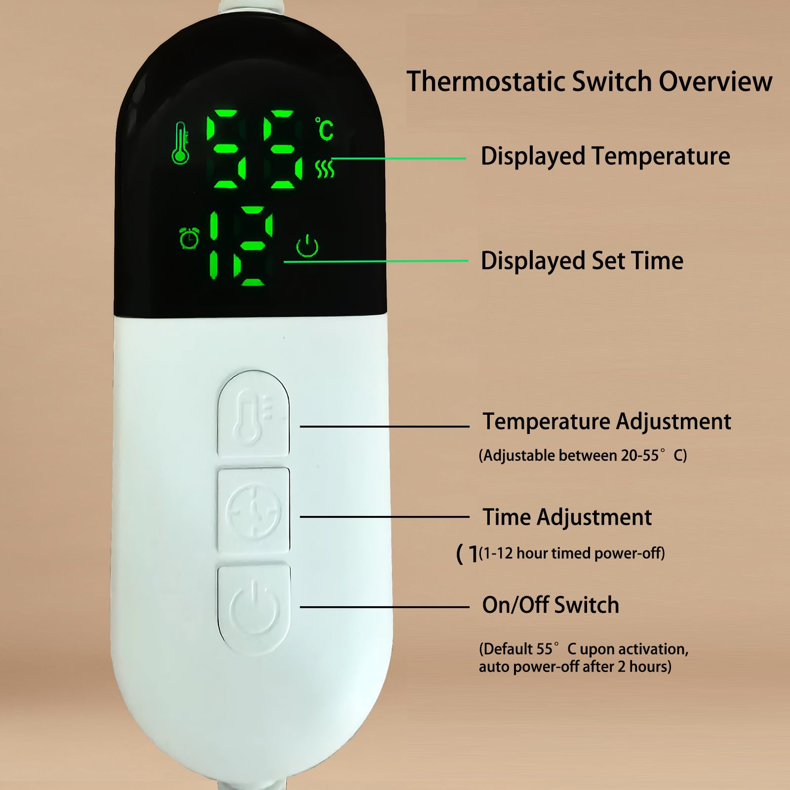 Poręczny elektryczny płaszcz i koc grzewczy, szal do owijania, szary, poziomy 20–55 ℃ regulowana temperatura ogrzewania i automatyczny timer 1–12 godzin, wyświetlacz LCD, można prać w pralce