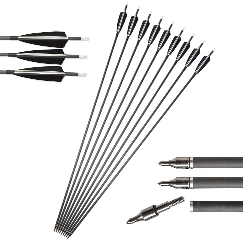 MILAEM Flèche de Carbone 34 Flèches de Chasse Plume Nature avec 100 Grains Pointe de Flèche Remplaçable Spine 500 pour Arc à poulies Arc Classique ( Flèches