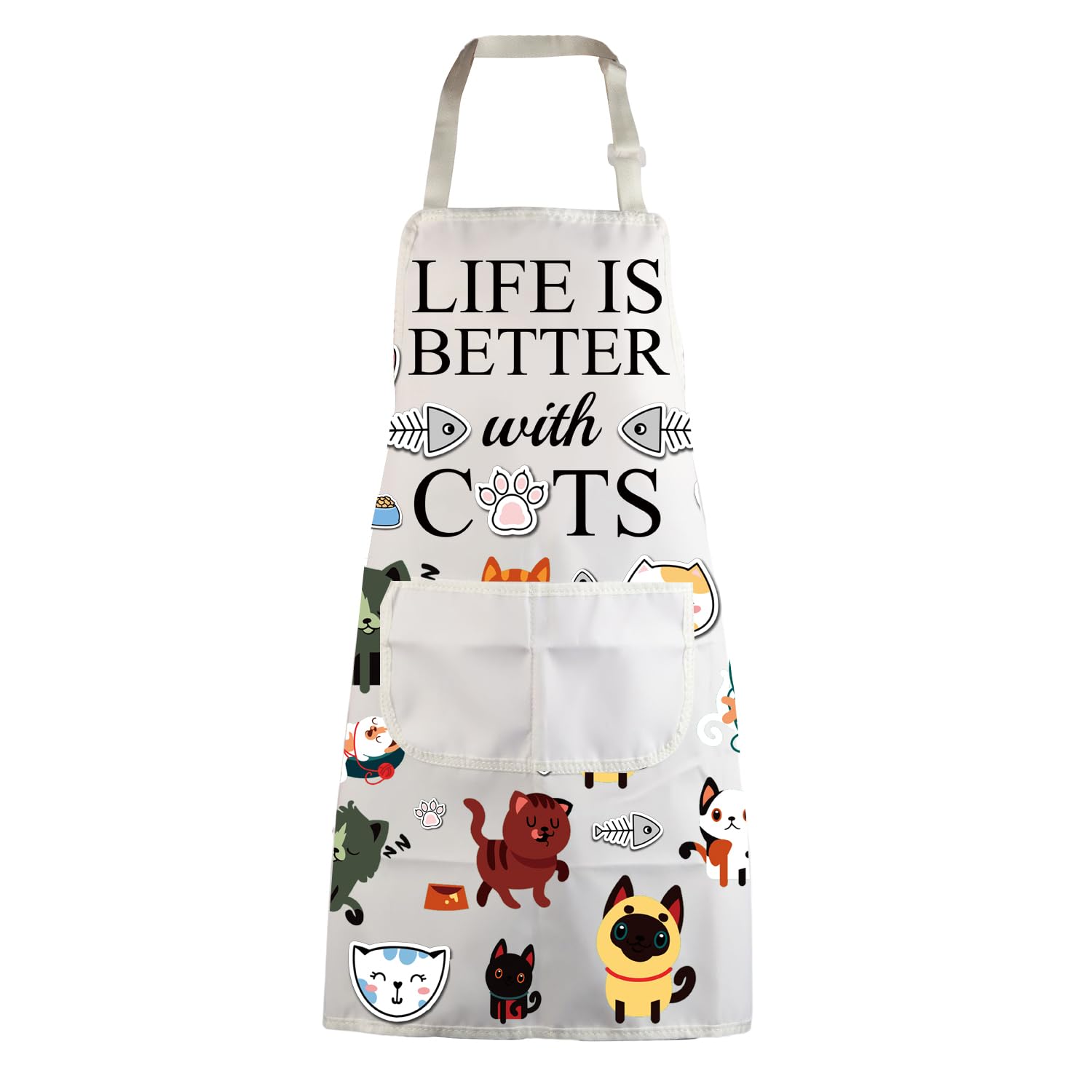 MBMSO Delantal de gato con bolsillos, delantal de cocina para gatos, divertido delantal de cocina para gatos, la vida es mejor con los gatos, regalos para mamá y gato