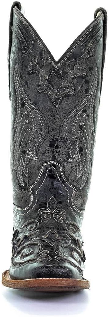 Corral Boots Womens Distressed Embroidered Square Toe Pull On Dress Boots Mid Calf Low Heel 1-2" - Black, Grey