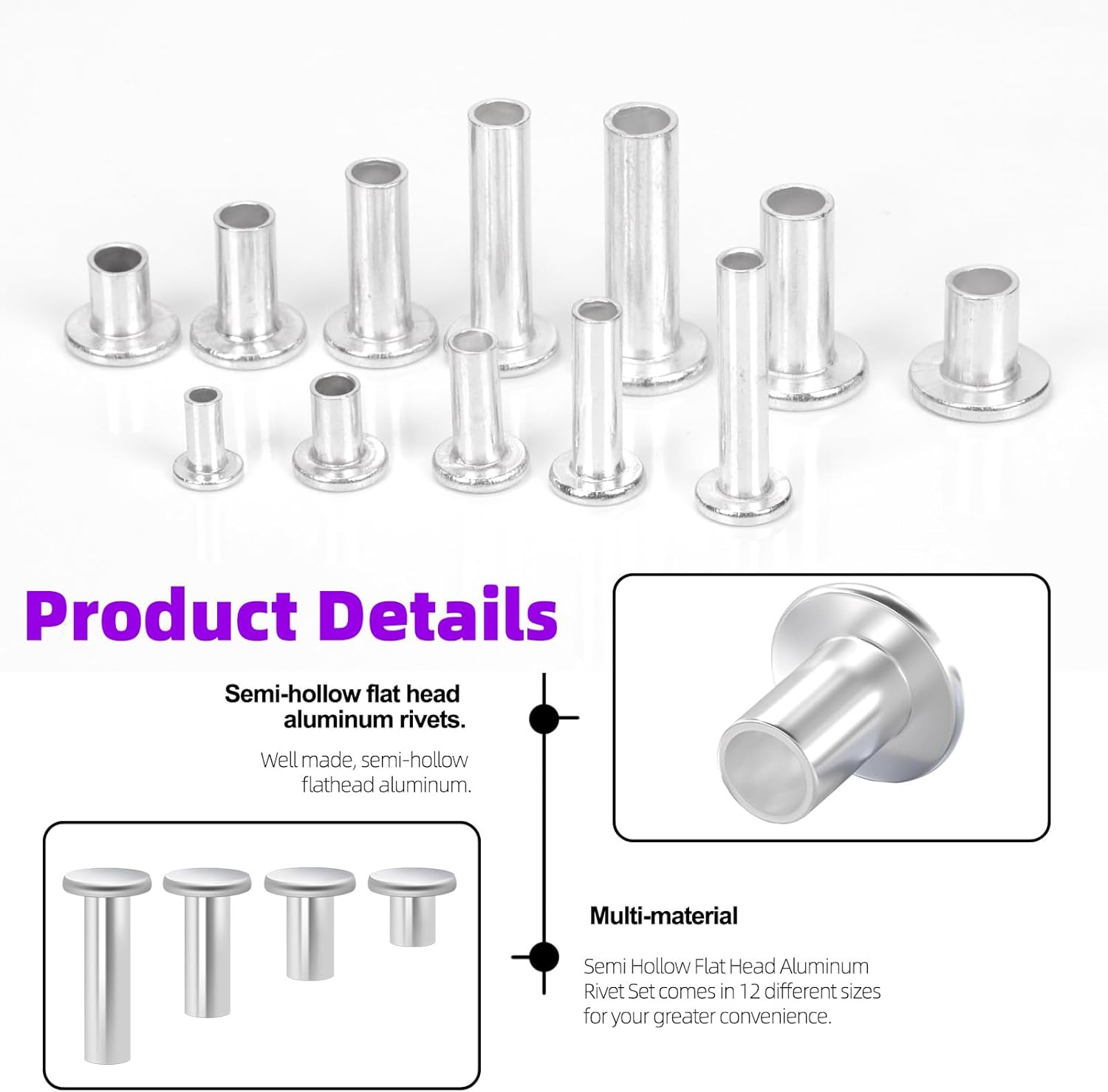 Swpeet 390Pcs 12 Sizes M3 M4 M5 M6 Aluminum Flat Head Semi Tubular Rivets Assortment Kit, Round Flat Head Semi Tubular Rivets in Silver Tone for Craft Repairs and Decoration