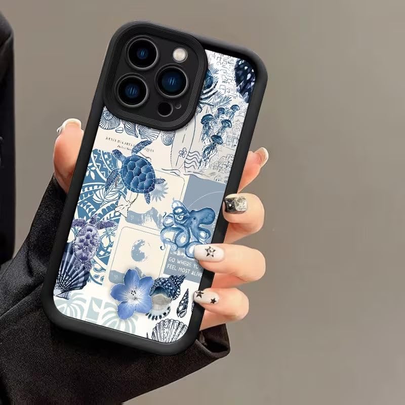 Image of COVERLY Blue Sea Turtle Back Case for iPhone 15 Pro Max | Hot 3D Ocean Summer Vibe Floral Cute Design | Lens Protection | Soft TPU Silicone Aesthetic Print Cover for Girls & Women (Black, Shockproof)