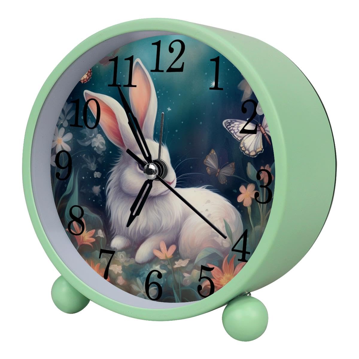 Alarm Clock Floral Rabbit Butterfly, Silent Non-Ticking with Night Light