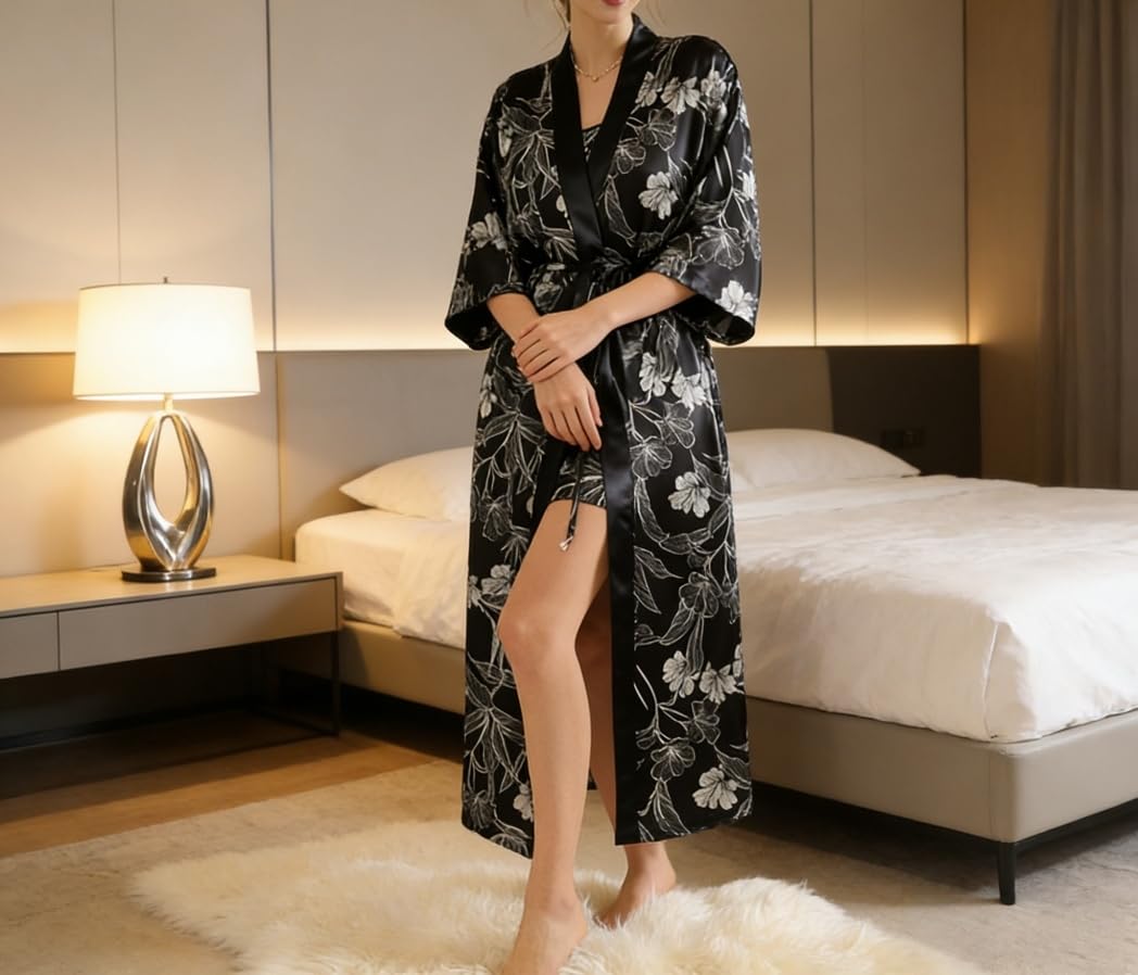 Genérico Batas de Satén de Lujo para Mujer,Albornoces Kimono de Seda con Estampado Floral Verde Azulado y Cuello en V,Cárdigan Largo Ligero y Suave para Dormir.