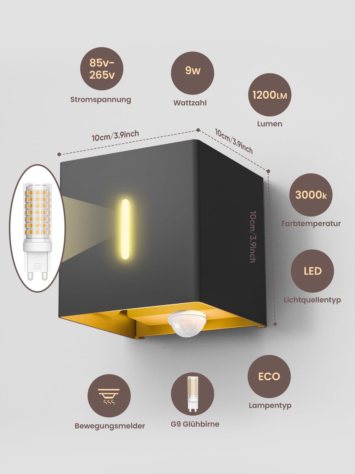 brightower LED Außenwandleuchte Außenlampe mit Bewegungsmelder,3000K Wandlampe mit Austauschbarer G9 IP54,Aluminium Wandleuchte Außen Einstellbar Abstrahlwinkel für Garten Eingang