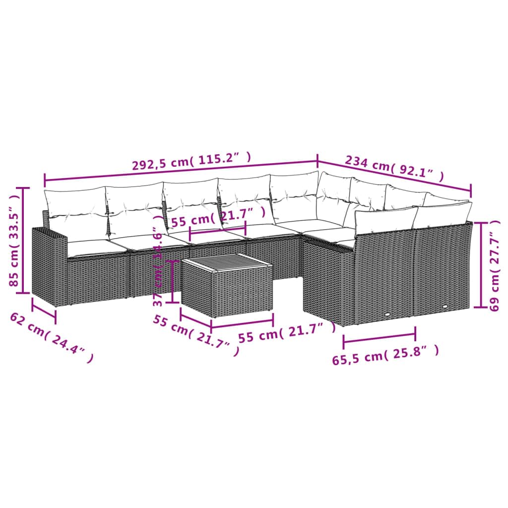 Set Divano da Giardino 10 Pezzi in Rattan PE con Tavolo Beige | Salotto componibile modulare per patio o terrazza con cuscini sfoderabili e piano tavolo in legno di acacia.