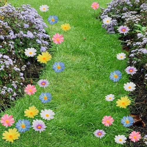 20 Pcs Daisy Flower Garden Stakes Decor Mother's Day Fabric Daisy Flower Garden Stakes Iron Crafts, Hand Forged Plant Pick Water Proof Flower Stick Décor for Patio, Lawn, Yard Decorations