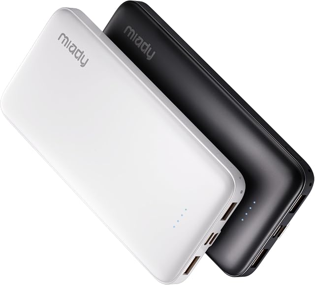 Miady 2-Pack 10000mAh Dual USB Portable Charger, Slim USB-C Power Bank, Travel Battery Pack 3 Outputs 2 Inputs Compatible with iPhone 17/16/15/14 Galaxy S24/22 Google iPad Android etc