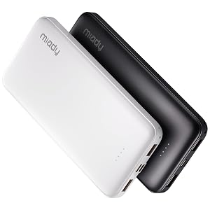 Miady Pack de 2 Cargadores Portátiles de 10000mAh, Dual USB, Power Bank con carga Tipo-C, Batería externa delgada para iPhone 17/16/15/14, Galaxy S24/22, Android y más, Negro+Blanco