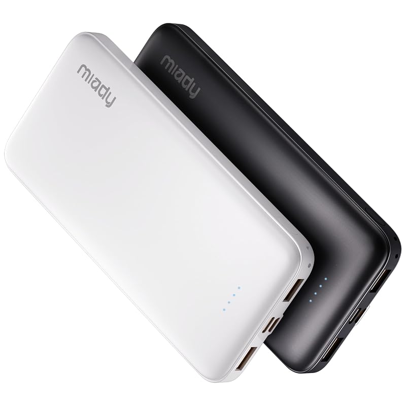 Miady Pack de 2 Cargadores Portátiles de 10000mAh, Dual USB, Power Bank con carga Tipo-C, Batería externa delgada para iPhone 17/16/15/14, Galaxy S24/22, Android y más, Negro+Blanco