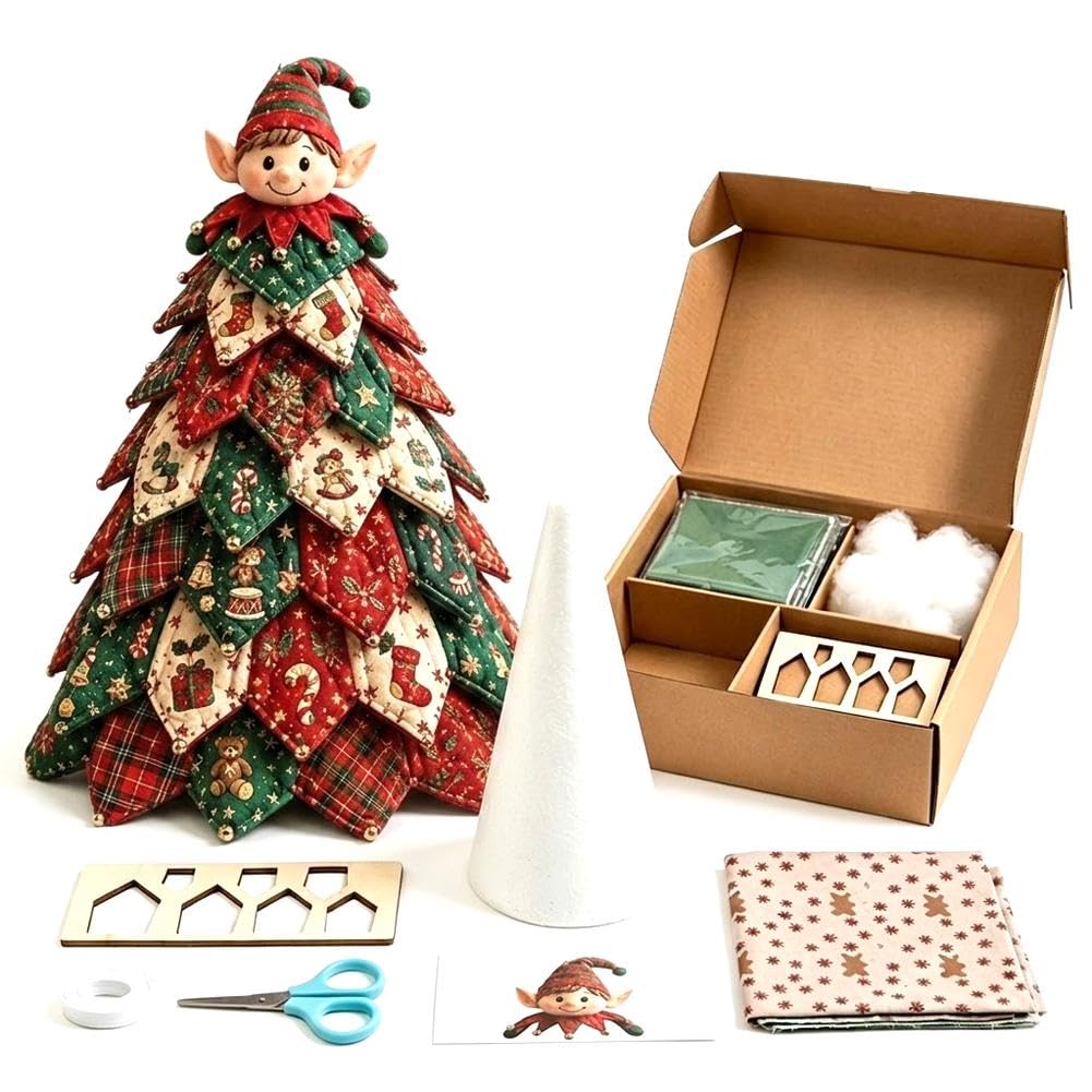 DIY Quilted Christmas Tree Kit, Christmas DIY Quilted Fabric Tree Craft Kit, 3D Padded Patchwork Sewing Set for Beginners, Home Mantel Table Office Display, Gift for Craft Lovers