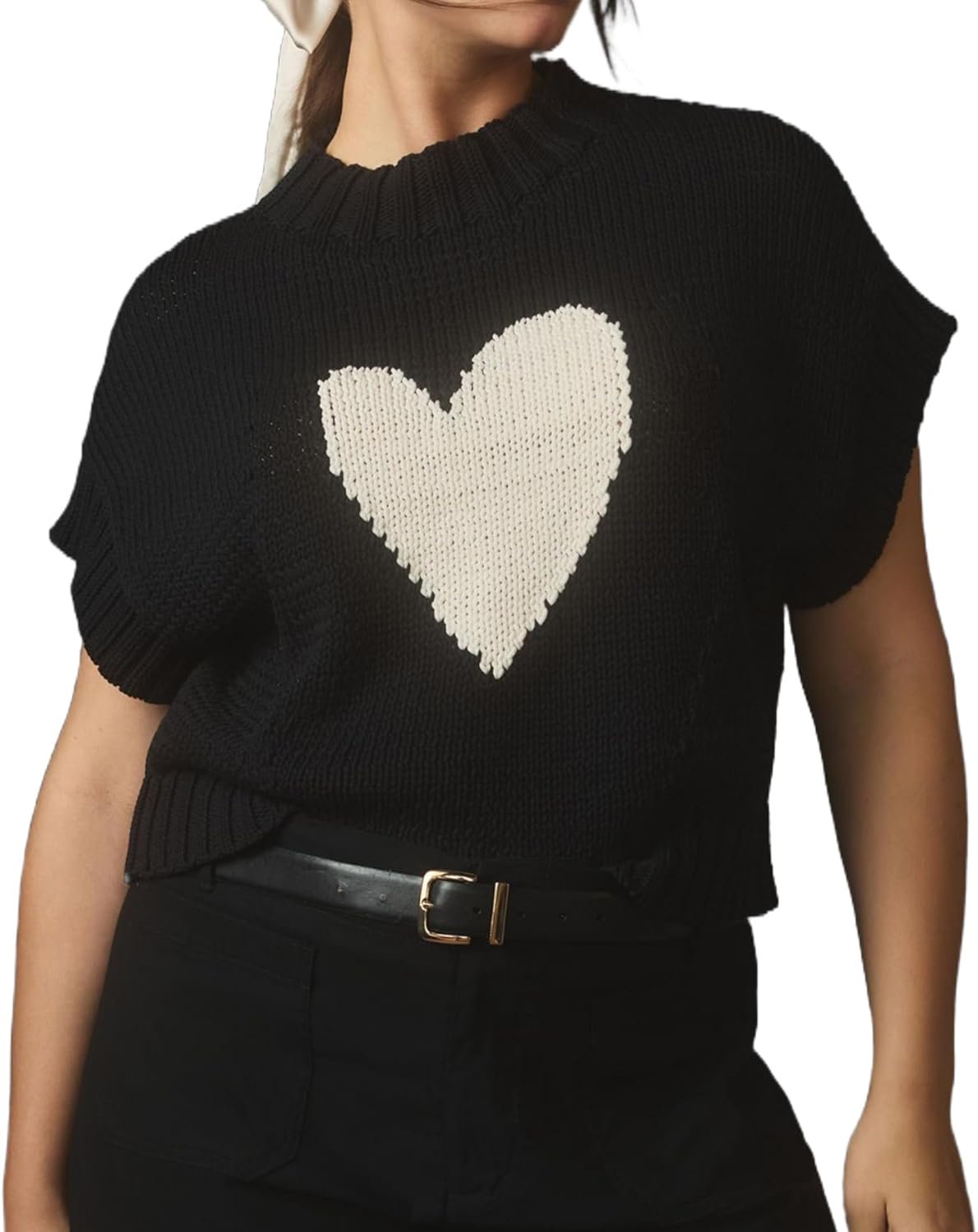 Kedera Womens Heart Short Sleeve Sweaters Pullover Shirt Tops Crew Neck Lightweight Ribbed Knit Sweater Blouses