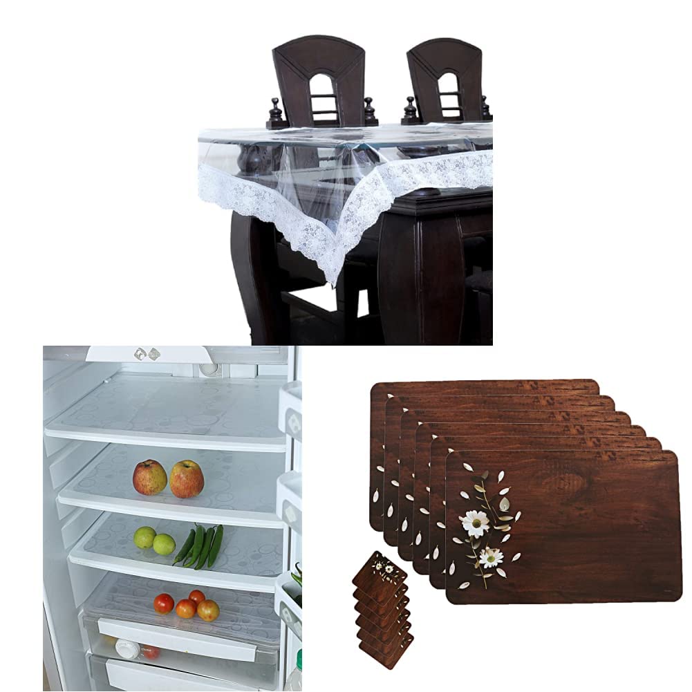 Kuber Industries 6 Seater Dining Table Cover - Silver (VADDCTC25) & CTKTC6968 Fridge Mat Set (White) -6pcs & PVC Wooden Design Floral Dining Table Placemat Set with Tea Coasters, 6pcs (CTKTC02159) (B0BC23GSPK) Amazon Price History, Amazon Price Tracker