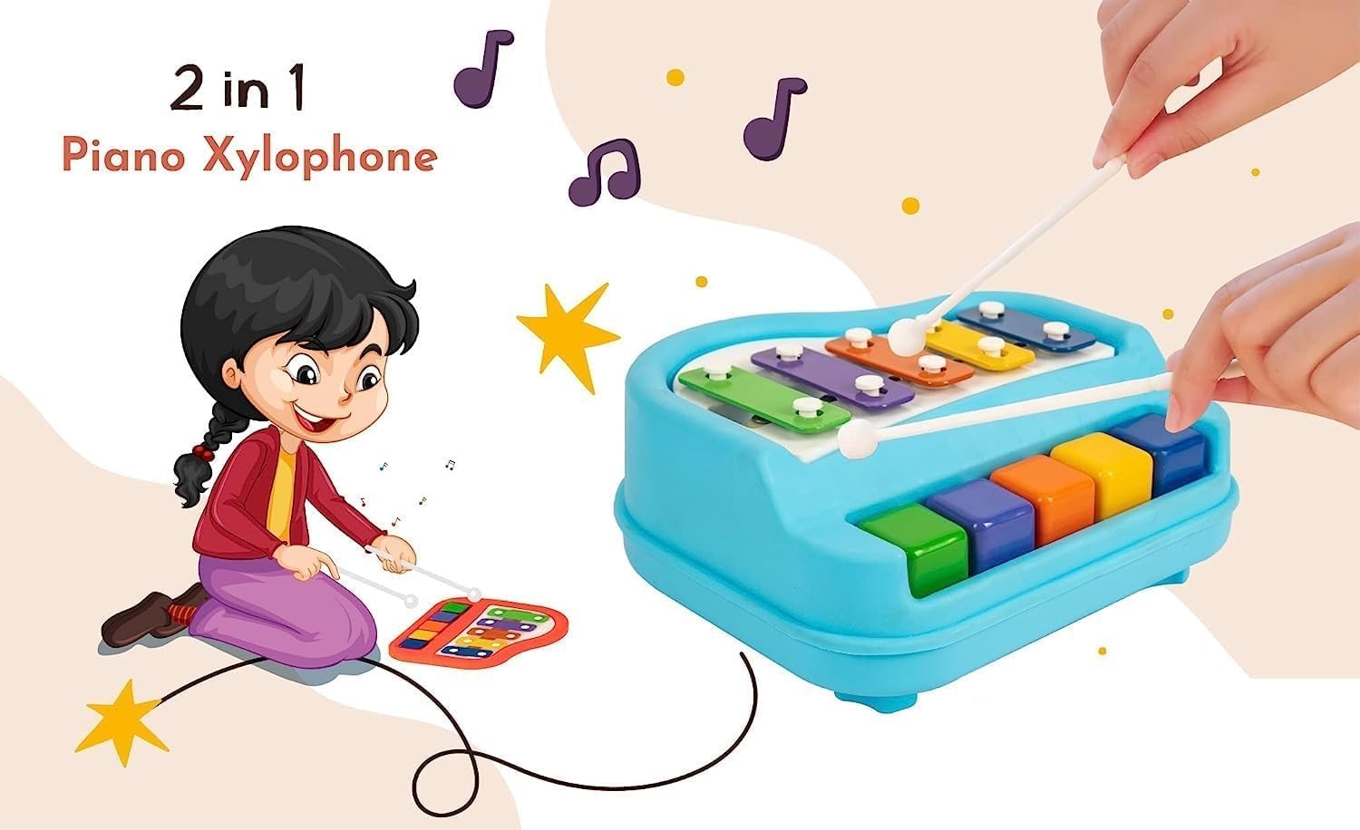 Creative hub 2 in1 Baby Piano 5 Tone Xylophone Toy for Toddlers 1-4 Years Old,5 Multicolored Key Keyboard Piano, Educational Musical Learning Instruments Toy for Baby Kids Girls Boys-Blue (Pack of 1) 4