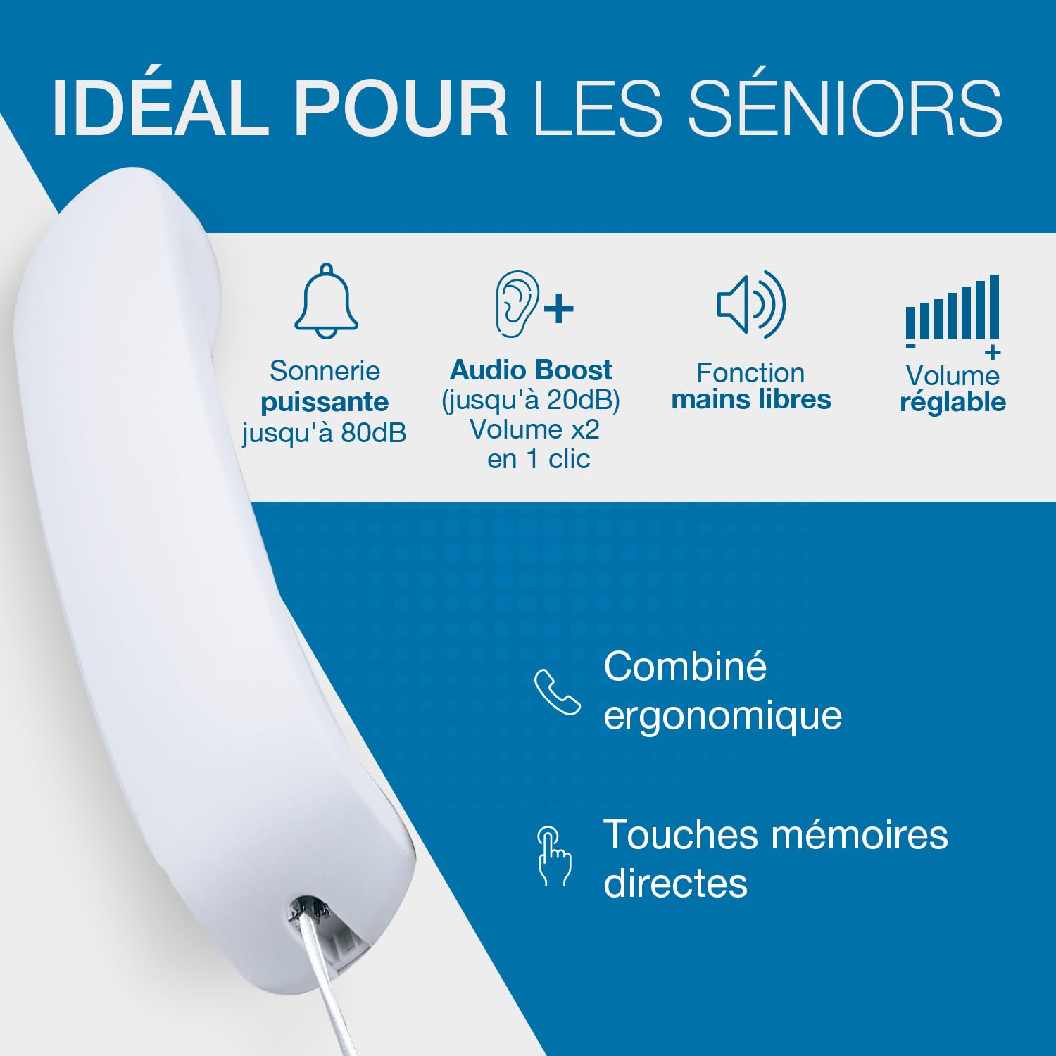 ALCATEL TMAX 10 - Téléphone Fixe Filaire Senior - Grandes Touches - Mains Libres - Indicateur Lumineux D'Appel Entrant - Touches Avec Photos - Compatible Aides Auditives - Blanc