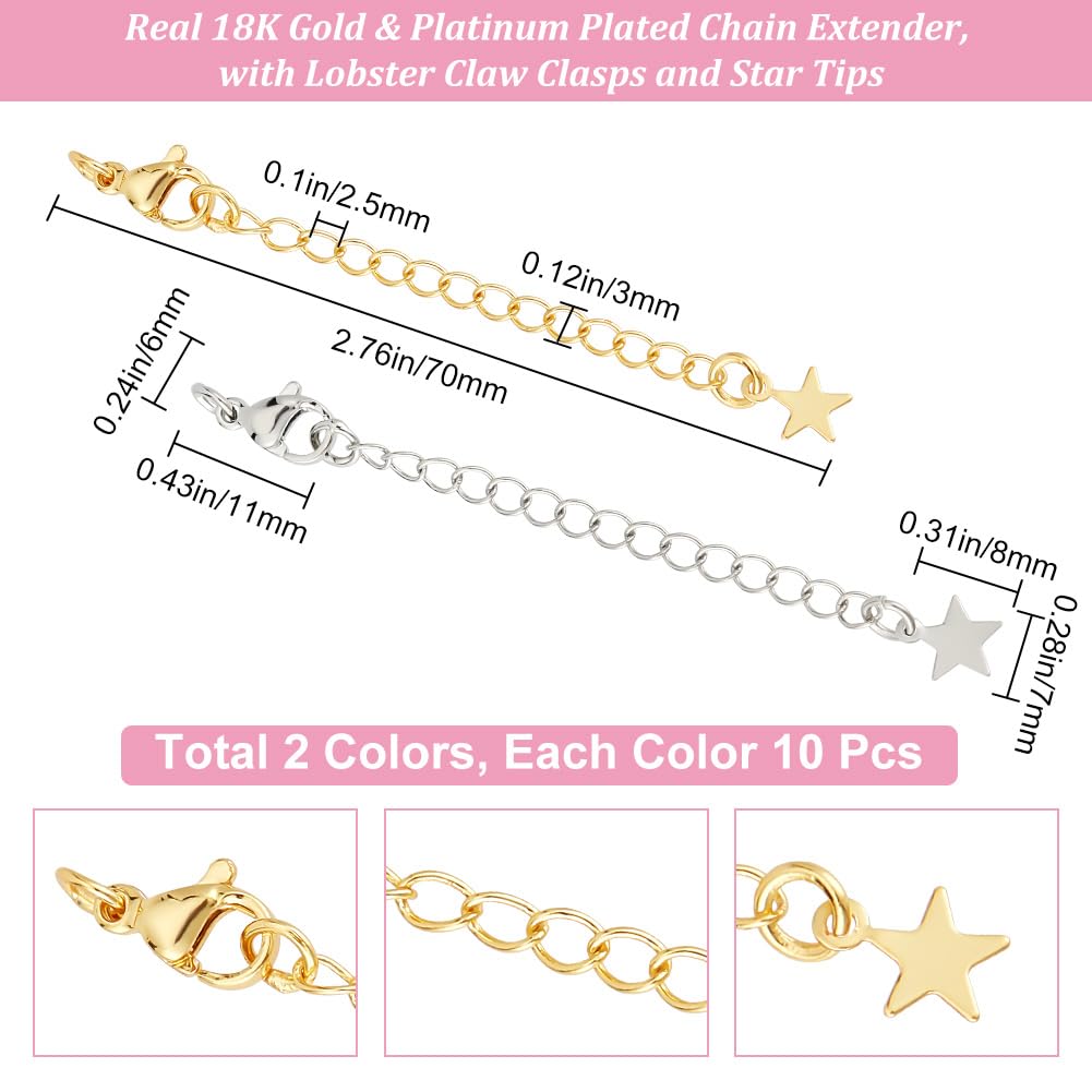 Beebeecraft 20Pcs Necklace Extenders 18K Gold & Platinum Plated 2 Colors 70mm Extender Chain End Chains with Lobster Claw Clasps and Star Chain Tabs for Jewelry Making - Image 2