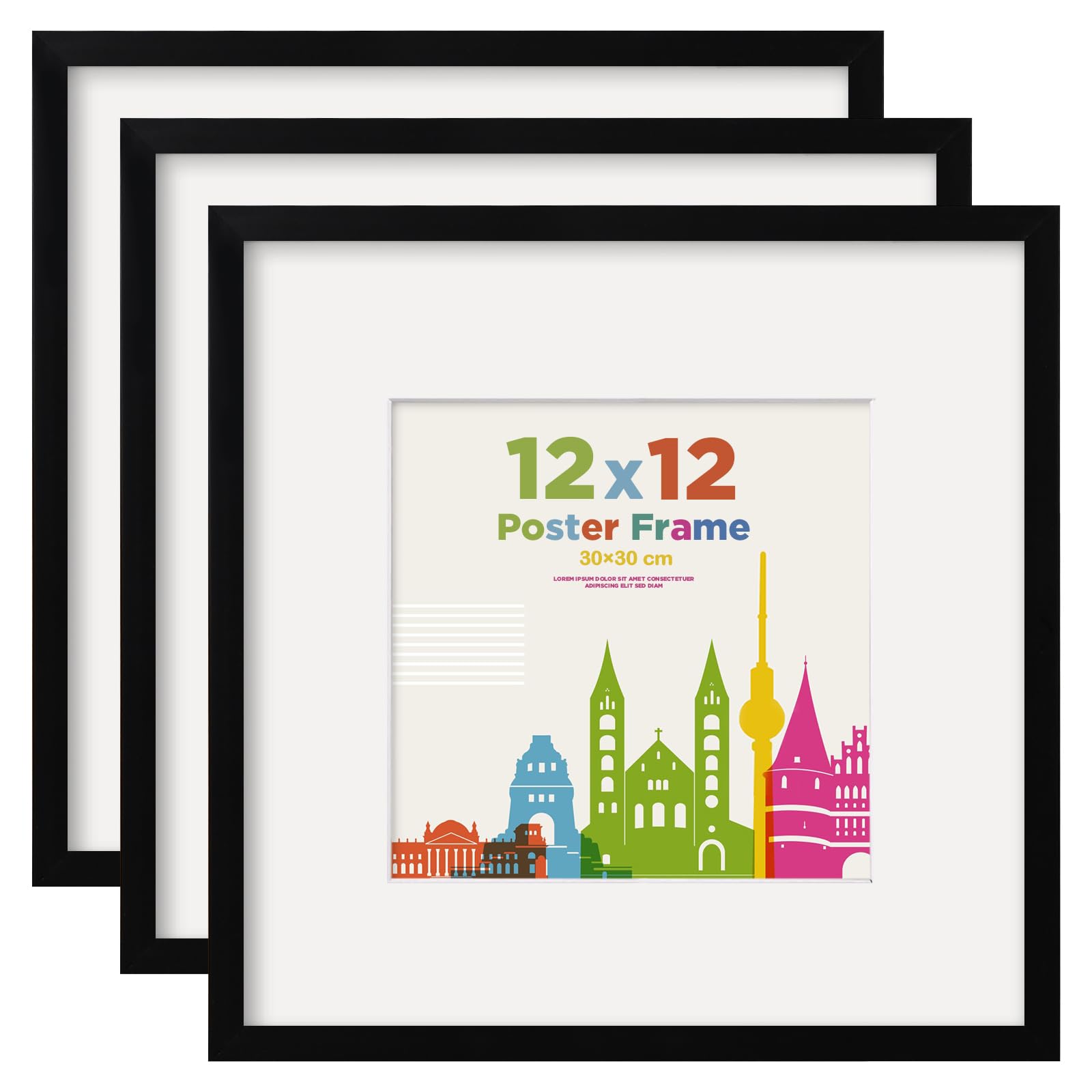 EGOFINE 12X12 Picture Frames, 12X12 Frame Display 8X8 with Mat Covered by Plexiglass, for Wall Mounting, Black, 3Pcs