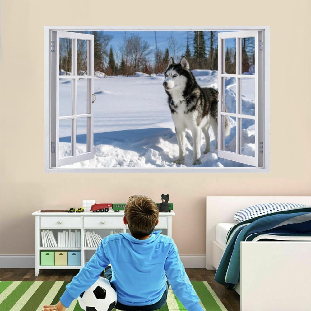 Adesivi Murali 3D Fracassato Cane Da Slitta Husky Decorazione Domestica Smontabile Del Tatuaggio Della Parete Neve Della Foresta Invernale Decalcomanie Impermeabili Art For Kids Room Wall Decor