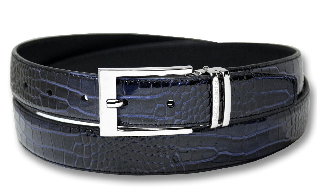 Biagio Croc Embossed NAVY BLUE Mens Bonded Leather Belt Silver-Tone Buckle sz 46