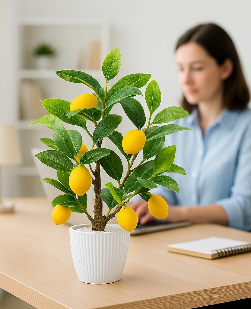 AceList Artificial Lemon Tree with White Pot, 18” Faux Citrus Plant for Kitchen, Bathroom, Office or Shelf Decor, Vibrant Year-Round Home Accent Gift