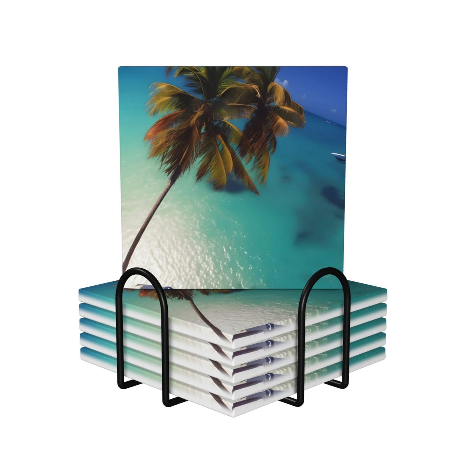 Dessous de verre en céramique et liège (lot de 6 carrés) aux motifs de plage et soleil d'été