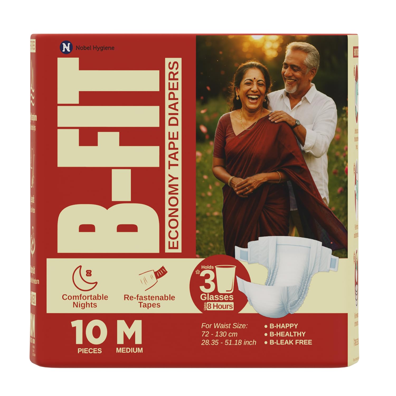 B-FIT Economy Adult Diaper M Size Tape Style | 10 Count (Medium) | Waist 28.35 - 51.18 inch | Long Protection Hours | Unisex | Leakproof Gel Core | Even Absorption | Cottony Soft | Refastenable & Adjustable Tapes