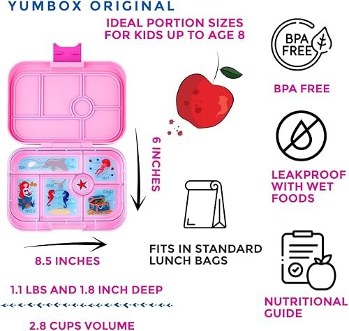 Miniatura 9 de Yumbox Lonchera Bento original a prueba de fugas para niños, 5 compartimentos + cierre fácil de abrir, porciones justas, bandeja ilustrada extraíble