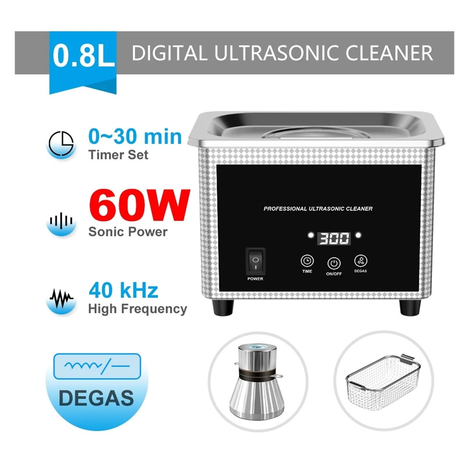 MáQuina Limpiadora UltrasóNica Máquina De Limpieza por Ultrasonidos De 0,8 L con Temporizador, Cepillo For Joyas, Gafas, Relojes, Herramientas For Manicura, Monedas, Anillos Y Uñas(60W)