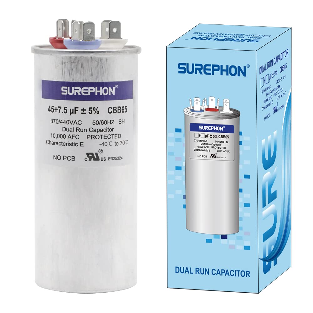 SUREPHON 45+7.5 45/7.5 Mfd Capacitor 370V or 440V Dual Run Start Capacitor CBB65r CBB65b for AC Motor or Fan Start Condenser Straight