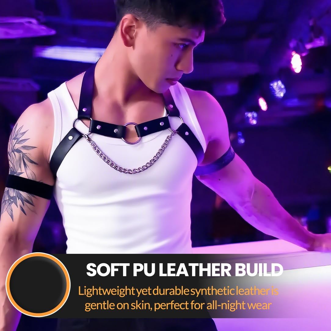 Men's PU Leather Chest Harness Belt with Chain, Adjustable Neck Harness Belt for Men, Male Punk Chest Shoulder Harness for Punk Cosplay, Muscle Show Clubwear Nightclub Stage Party Outfits X025 - Image 2