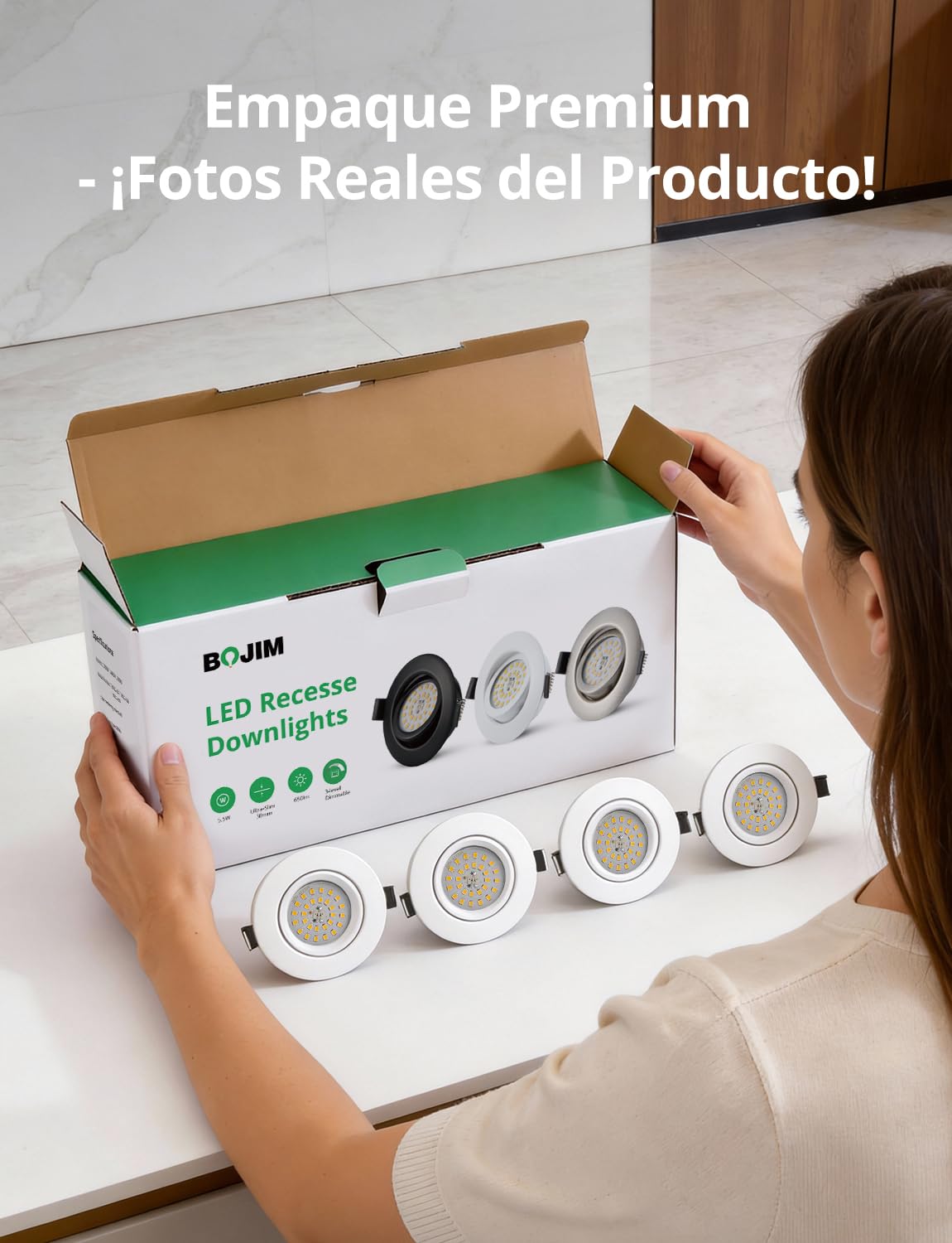 Bojim Focos LED de 230V, planos, regulables, Blanco Cálido 3000K | 5.5 W, 68mm - 80mm, Orificio de Masa, Foco de Techo Orientable, para Cocina Salón Baño, 10 Pack