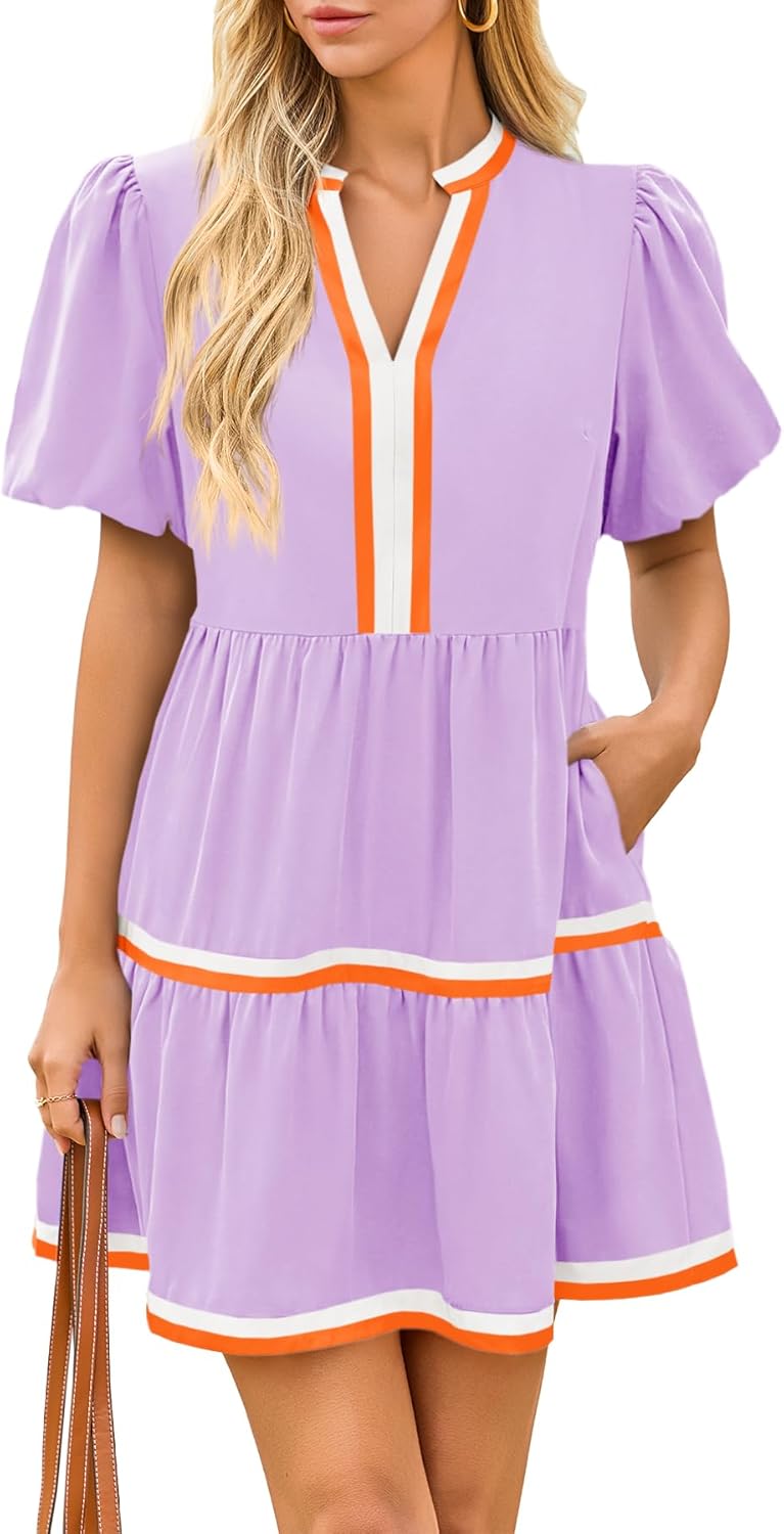 Cicy Bell Womens V Neck Floral Mini Dress Short Puff Sleeve Patchwork Summer Casual Boho Dresses