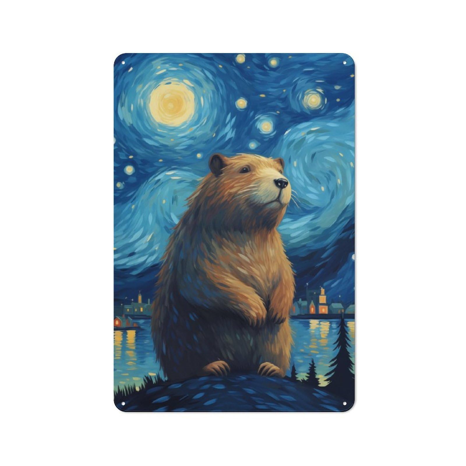 Junmoney Starry Night Capybara Vintage Tin Sign 30X20cm With For Home Office Or Studio, For Home Office Decor Fans
