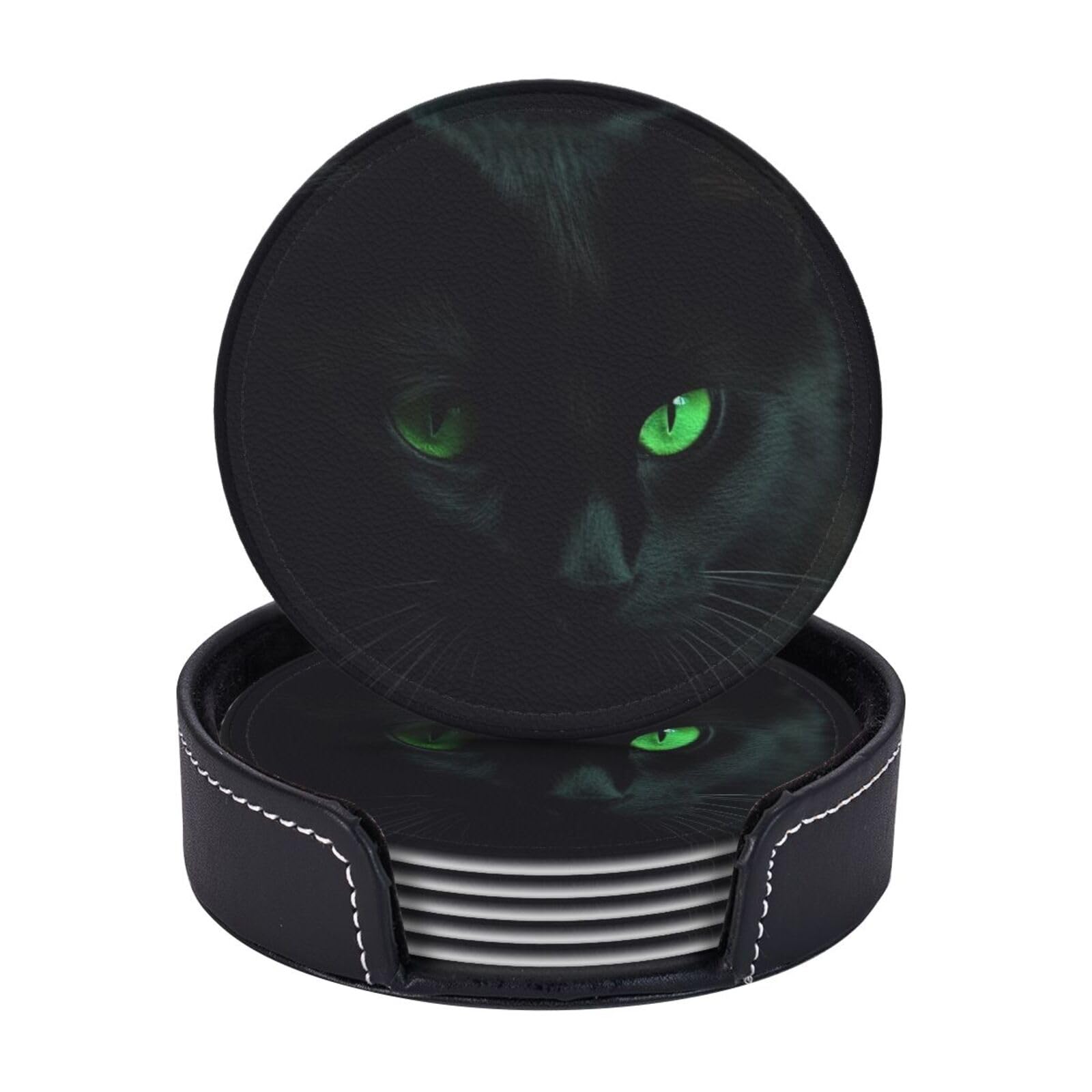 Round Coasters for Drinks Set of 6 - PU Leather Coasters with Holder - Modern Drink Coasters for Coffee Table - Black cat Green Eyes Coaster for Tabletop Protection 4" Cup Mat Pad