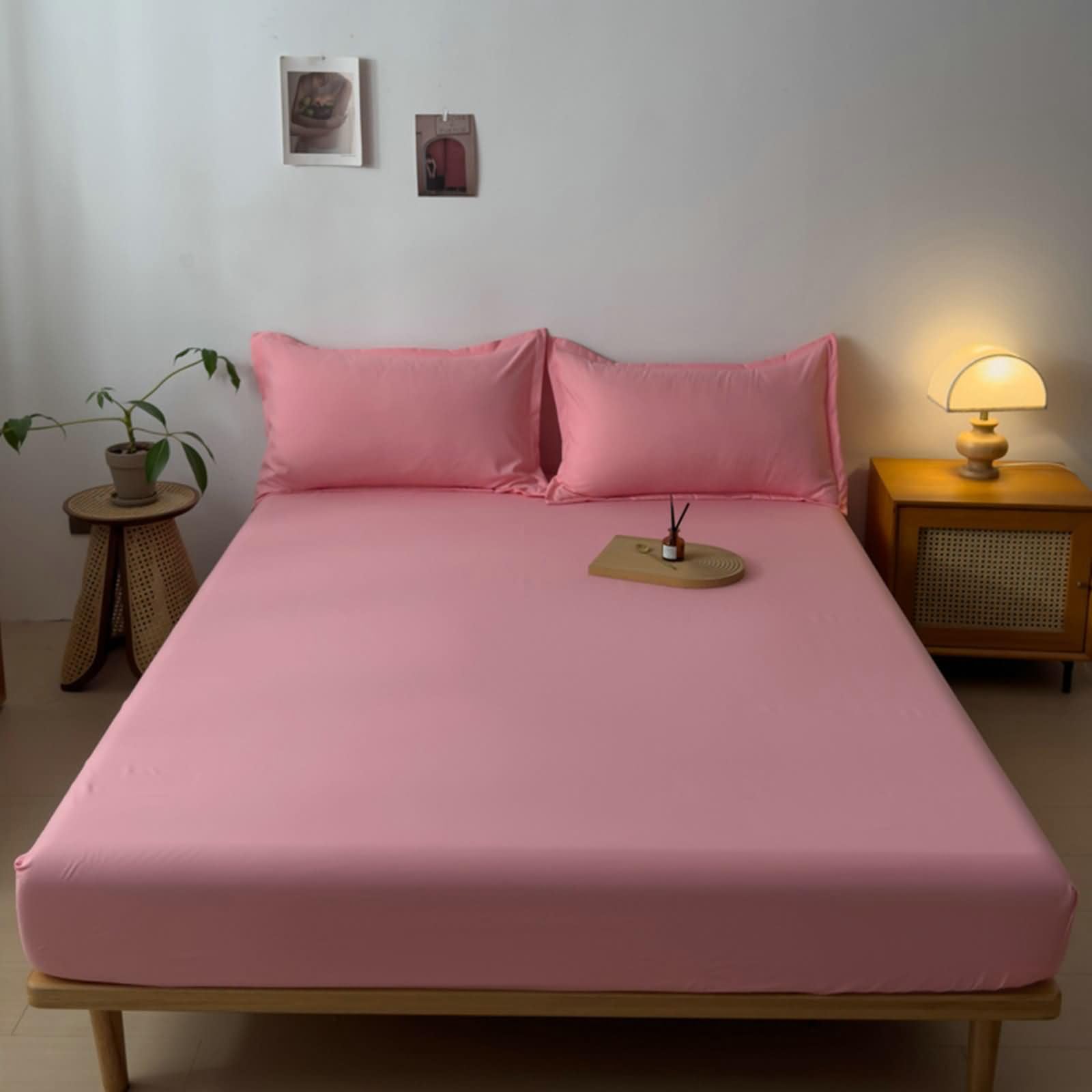 Beydodo 4-10 inch Bedding Fitted Sheet with Deep Pocket, Bedsheets 160x200cm Solid Pink, Cotton Fitted Bed Sheet for Dorm