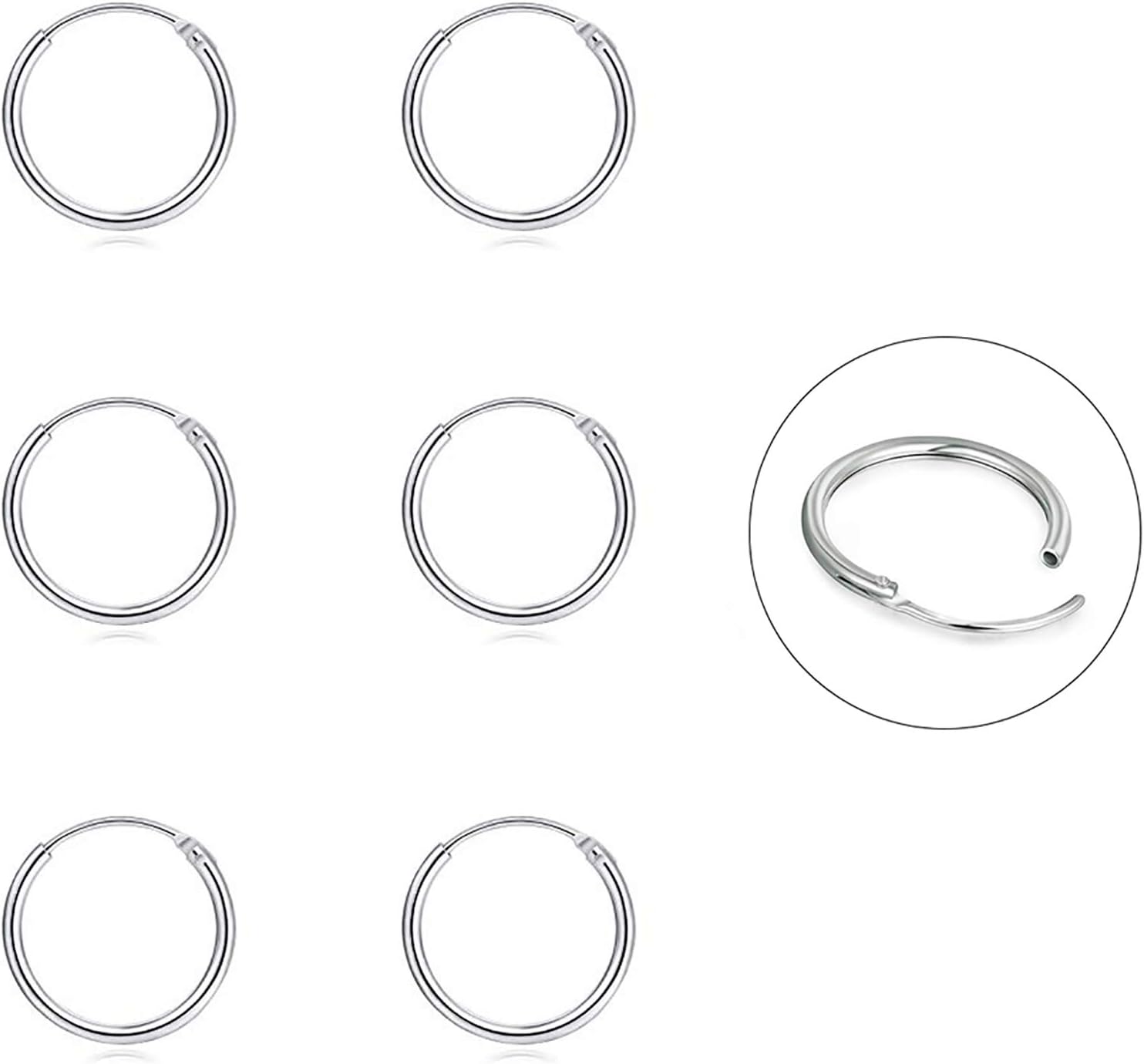 Silver Hoop Earrings- Cartilage Endless Small Hoop Earrings Set for Women Men, 3 Pairs of Hypoallergenic 925 Sterling Silver Tragus Earrings Nose Lip Rings