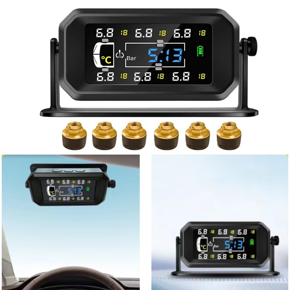 System monitorowania ciśnienia w oponach z 6 czujnikami TPMS do samochodów kempingowych i przyczep z transmisją sygnału na duże odległości i wyświetlaczem LCD do pomiaru ciśnienia i temperatury
