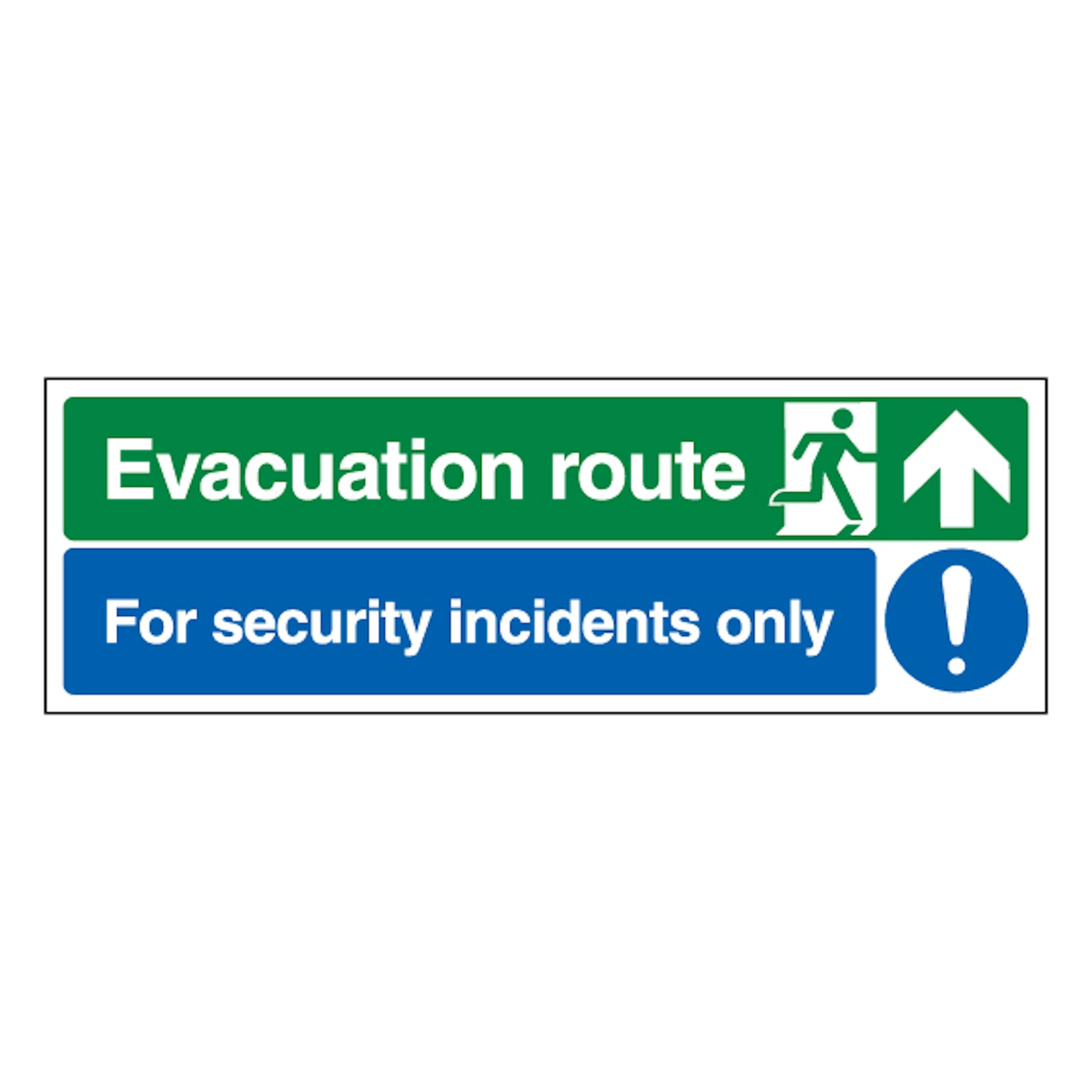 V Safety Evacuation Route Arrow Up/Security Incidents Only 300 x 100 mm - Perspex Clear Cast Acrylic Safety Sign