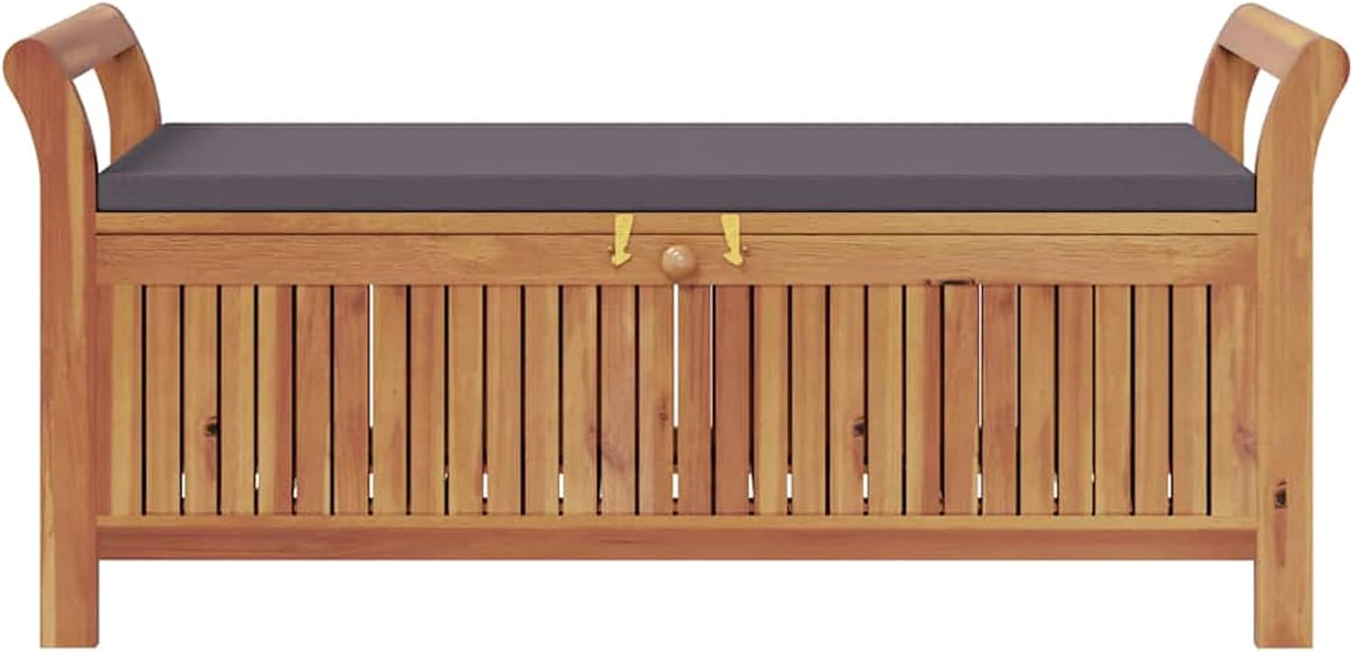 Gecheer Garden Storage Bench with Cushion – 126 cm Solid Acacia Wood Outdoor Bench with Ample Storage Space and Dark Grey Foam Seat