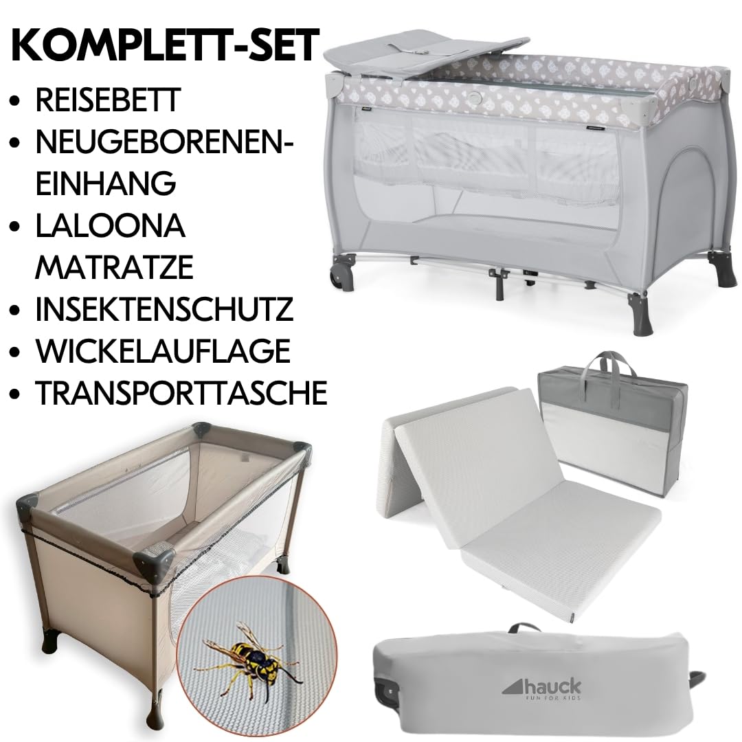hauck Sleep n Play Center Baby Reisebett Set - Teddy Grey | inkl. Matratze & Insektenschutz | Kinderreisebett mit Neugeboreneneinhang, Wickelauflage & Tasche