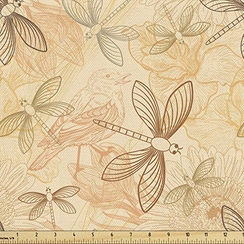 Image of Ambesonne Beige Fabric by The Yard, Vintage Birds and Dragonflies Artprint with Modern Doodle Style Animal Inspired Design, Decorative Fabric for Upholstery and Home Accents, 3 Yards, Cream