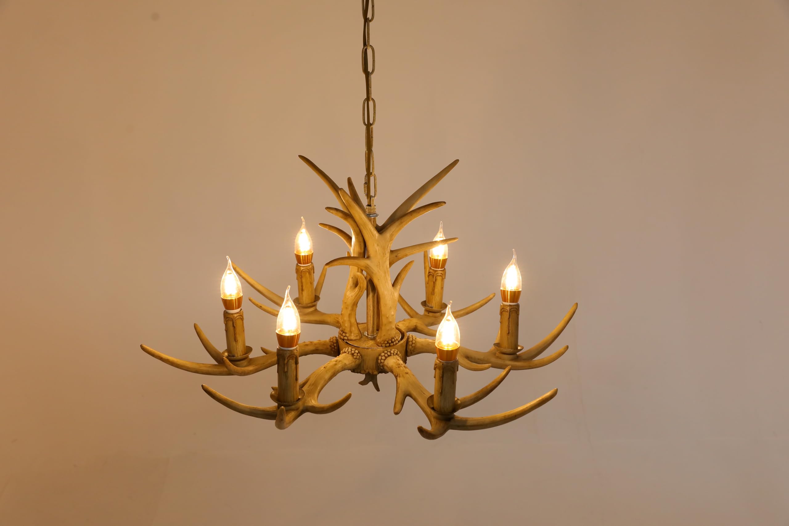 Deinungen Tan Antler Chandelier 6 Lights 29In Dia,Faux Antler Ceiling Light Retro Resin Deer Antler Chandelier With E14 Spiral Lamp Holder, Deer Horn Pendant Lamp For Dining Room, Living Room,Bar,Cafe