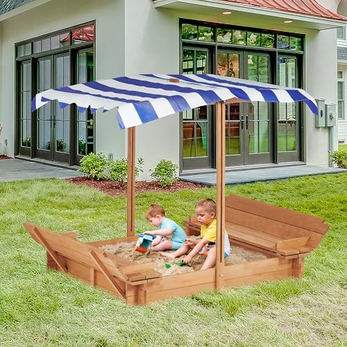 Kids Sandbox with Cover, 46\'\' Wooden Sand Box w/Adjustable Canopy, Outdoor Sandpit for Backyard Play