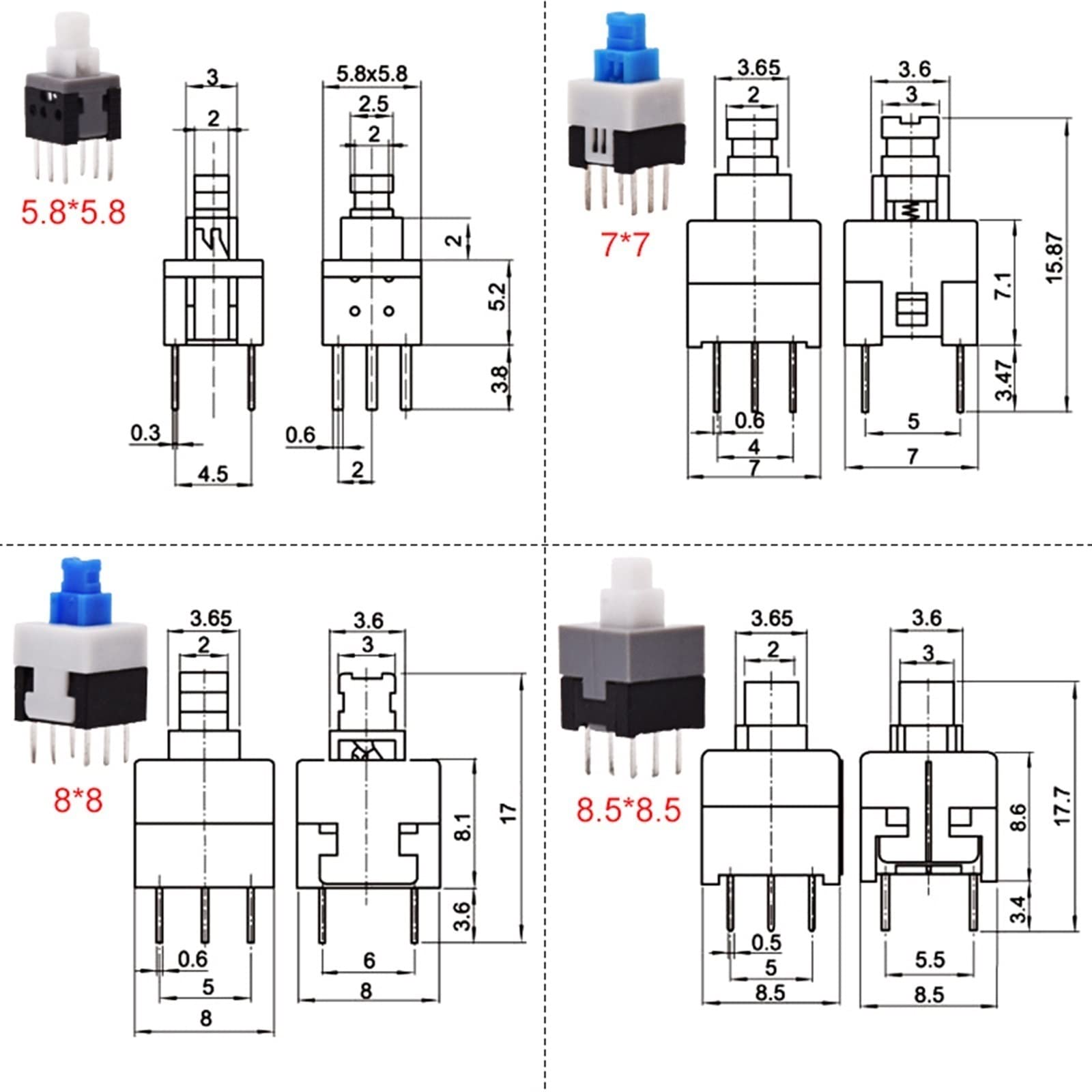 10 pz PCB Tattile Tattile Micro Mini Pulsante A Scatto On off Self Lock Unlock Switch Dip 6 Spille cap 5.8 * 5.8/7 * 7/8 * 8/8.5 * 8.5mm (Color : 7.0x7.0mm, Size : White cap-Locking)