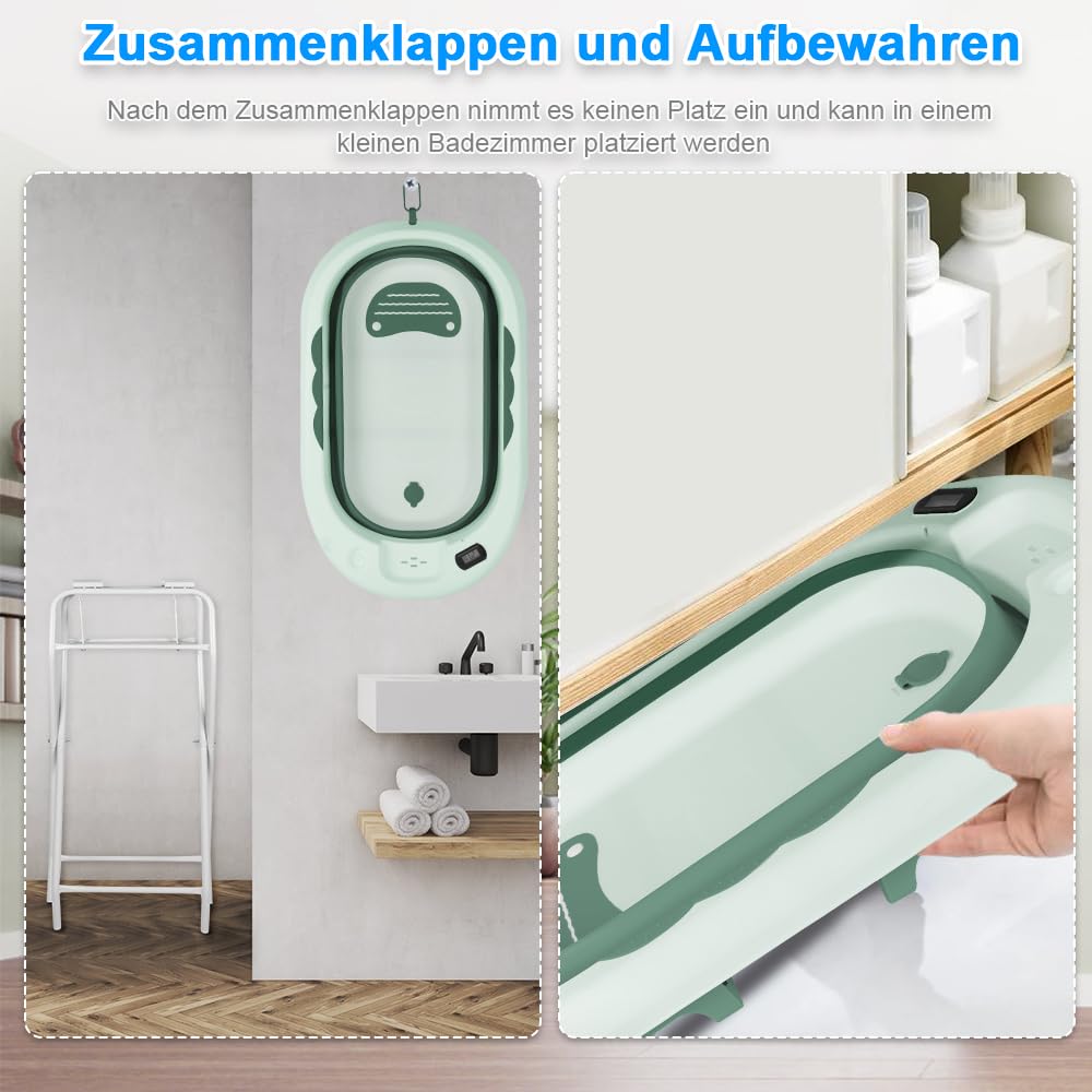 MUL-BHERRAMIENQU - Bañera plegable para bebé, con soporte, termómetro y cojín, ideal para regalo de nacimiento de niña o niño (verde)