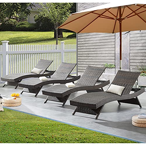 Asifom Set of 4 Long Reclining Chaise Lounge Set 79'' Outdoor Wicker Reclining Lounge Chair Patio Rattan Double Chaise Lounge Lawn Sunbathing Chairs Beach Pool Backrest Recliners